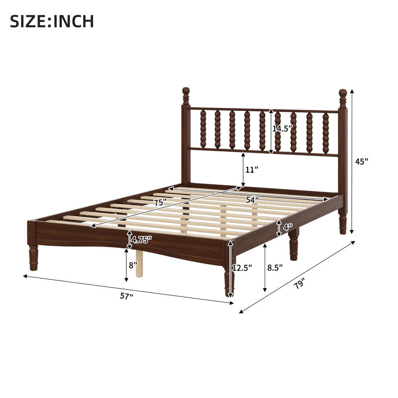 Mid-Century Modern Full Size Wood Platform Bed with Gourd Shaped Headboard, Retro Style Low Profile Bed Frame with Slats Support
