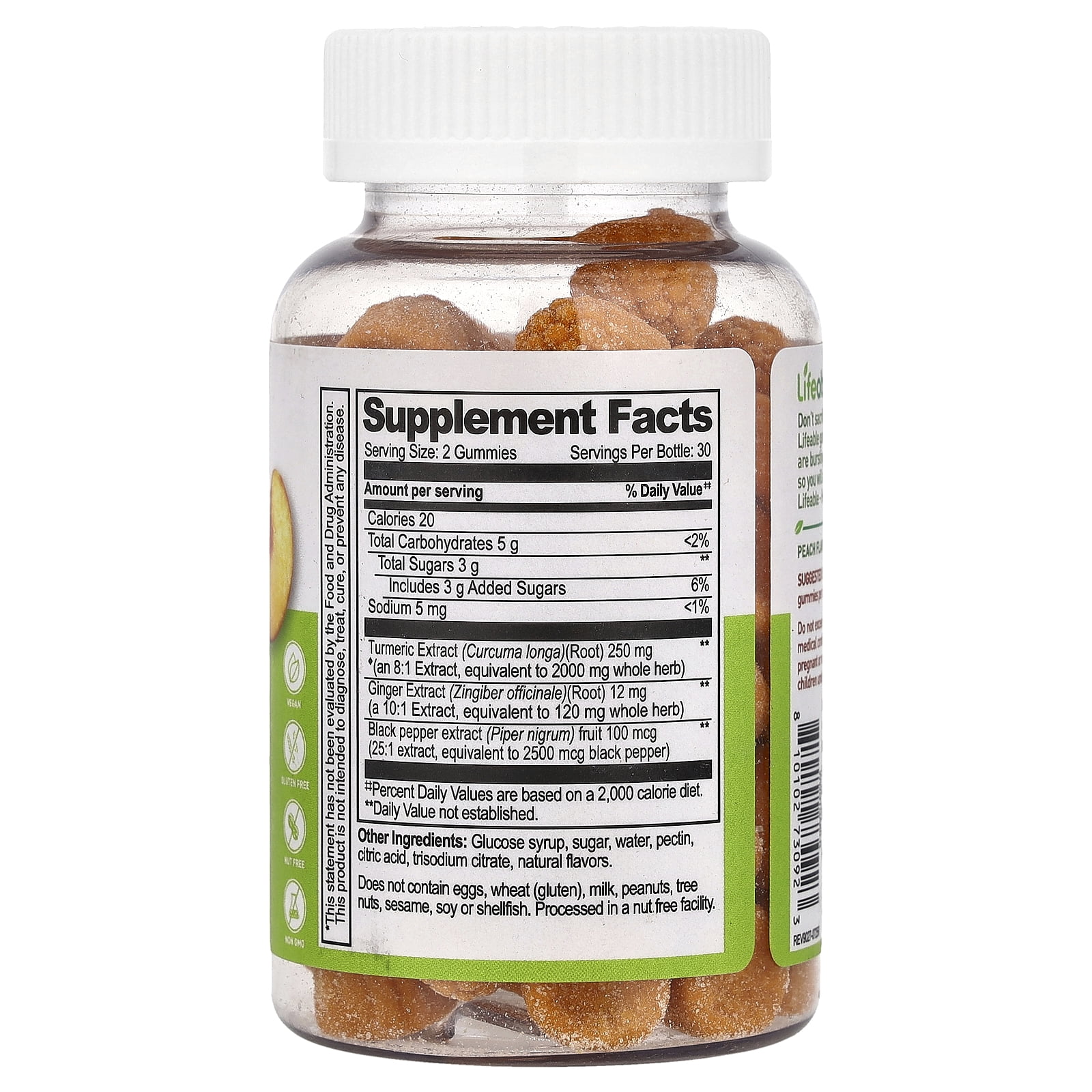 Lifeable Turmeric Curcumin Gummies, Peach, 60 Gummies