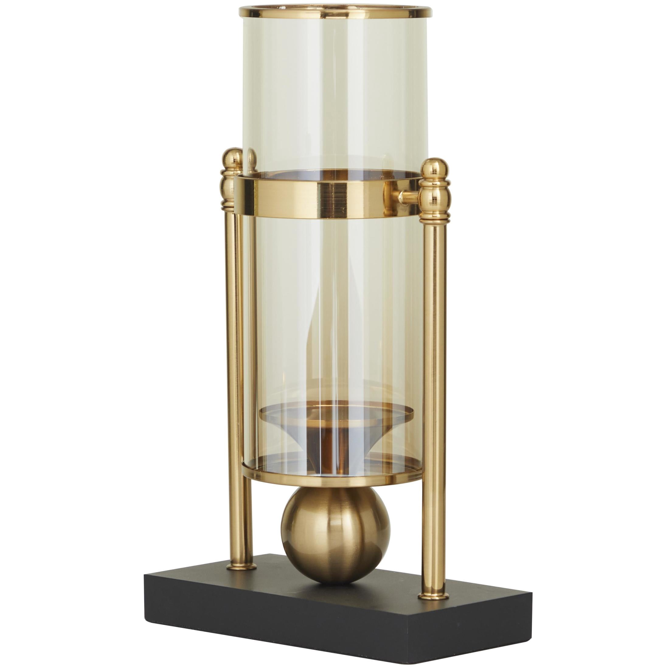 CosmoLiving by Cosmopolitan Gold Metal Iridescent Pillar Hurricane Lamp with Ball Accent and Black Base
