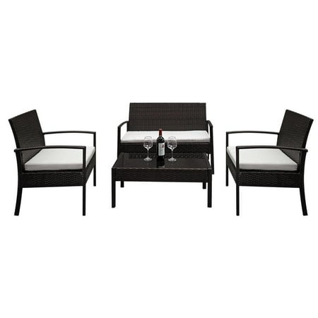 Poly Rattan Wicker Ktaxon 4PCS Outdoor Patio Garden Wicker Furniture Rattan Conversation Sofa Set with White Cushions ()