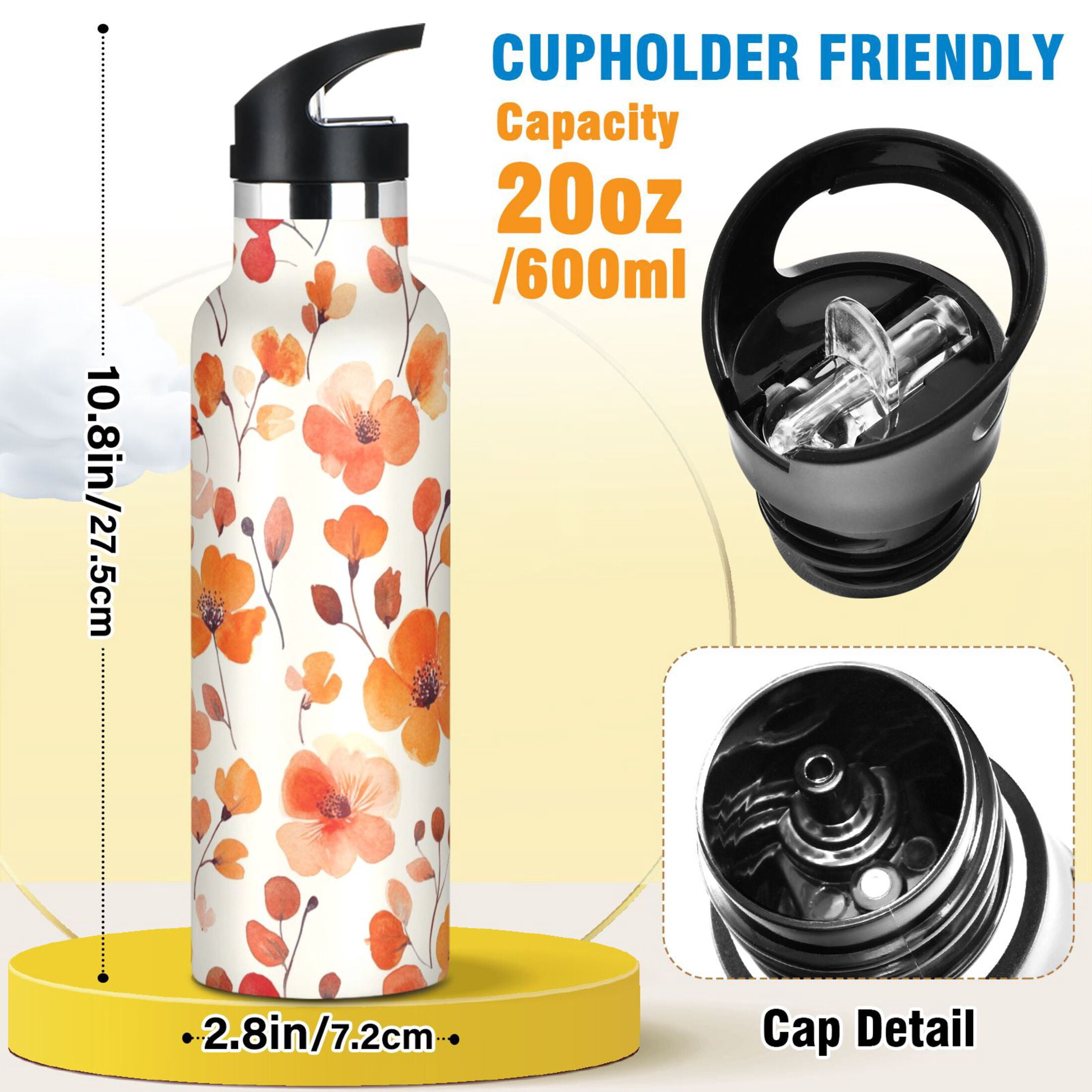 600ML Stainless Steel Insulated Cup Sports Water Bottle Portable Thermos Cup Water Glasses Insulated Tumblers Convenient and Durable Cartoon Orange Flowers