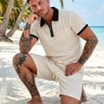 thumbnail image 5 of LTTVQM Men Lightweight Stretch Waffle Textured Half Zip Polo Shirt Elastic Drawcord Waist Casual Short Pant Summer Beach Outfit Set Khaki M, 5 of 9