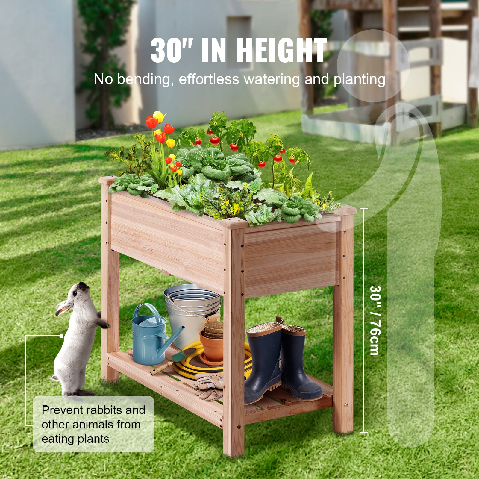 KFFKFF Elevated Garden Bed, Dimensions 34 x 18 x 30 inches, Wooden Planting Container, Outdoor Planters with Supportive Legs, Ideal for Cultivating Flowers, Vegetables, Herbs in Yard, Garden, Patio