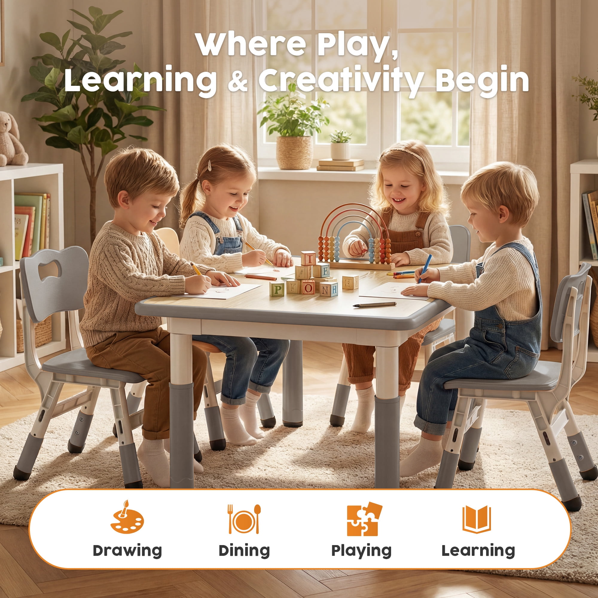 LINLUX Kids Table and 4 Chairs Set, Height Adjustable Table & Chairs, Spacious Activity Table for Toddlers, Gray