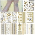 thumbnail image 1 of Kit de 12 hojas de pegatinas temporales de tatuajes dorados con destellos, pegatinas metálicas para tatuajes, pegatinas falsas impermeables con brillantina., 1 of 5