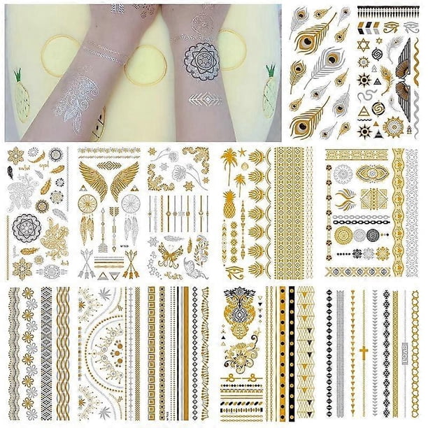 Kit de 12 hojas de pegatinas temporales de tatuajes dorados con destellos, pegatinas metálicas para tatuajes, pegatinas falsas impermeables con brillantina.