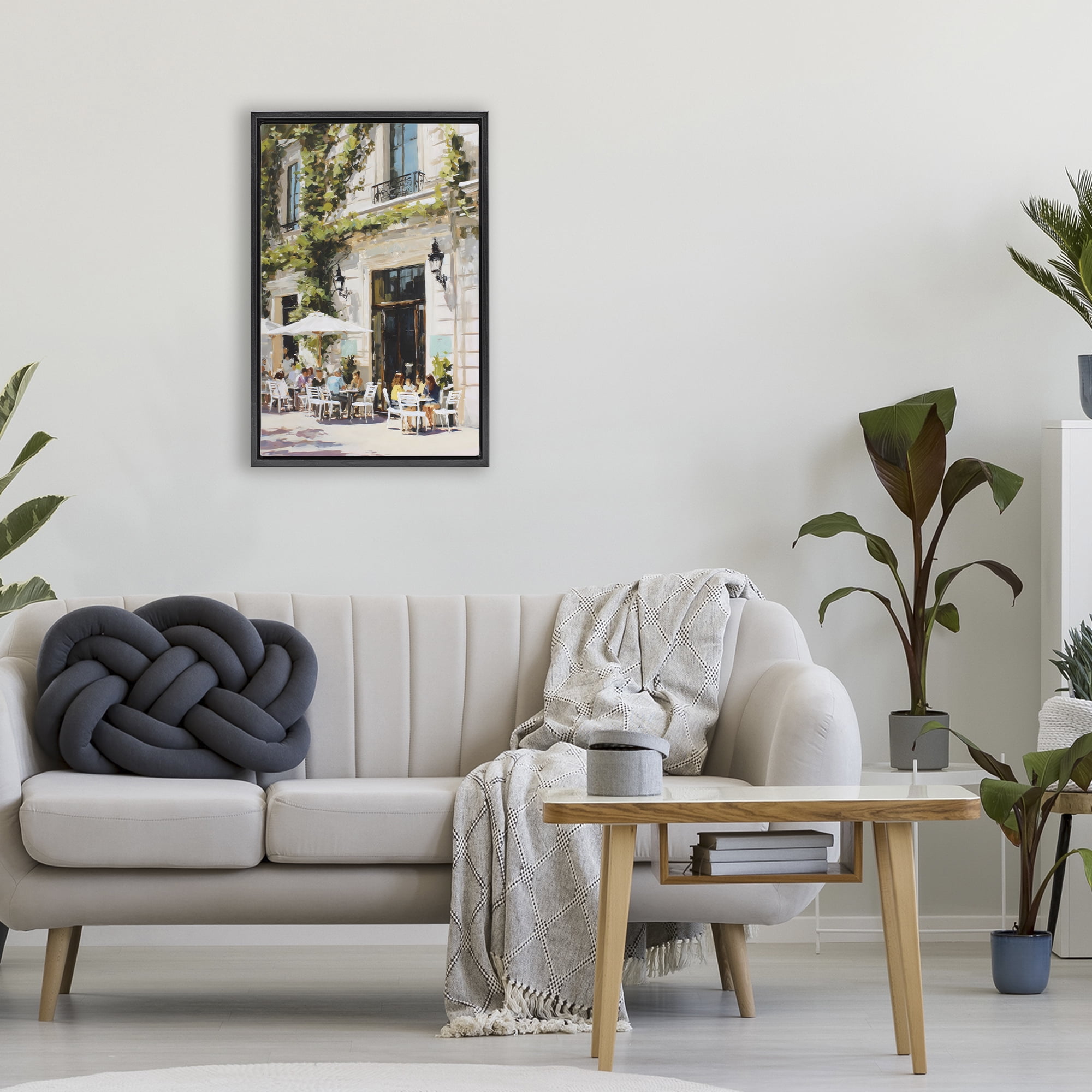 Stupell Industries Streetside Cafe Terrace with Ivy Black Framed Floater Canvas Wall Art, design by Petal Prints Design