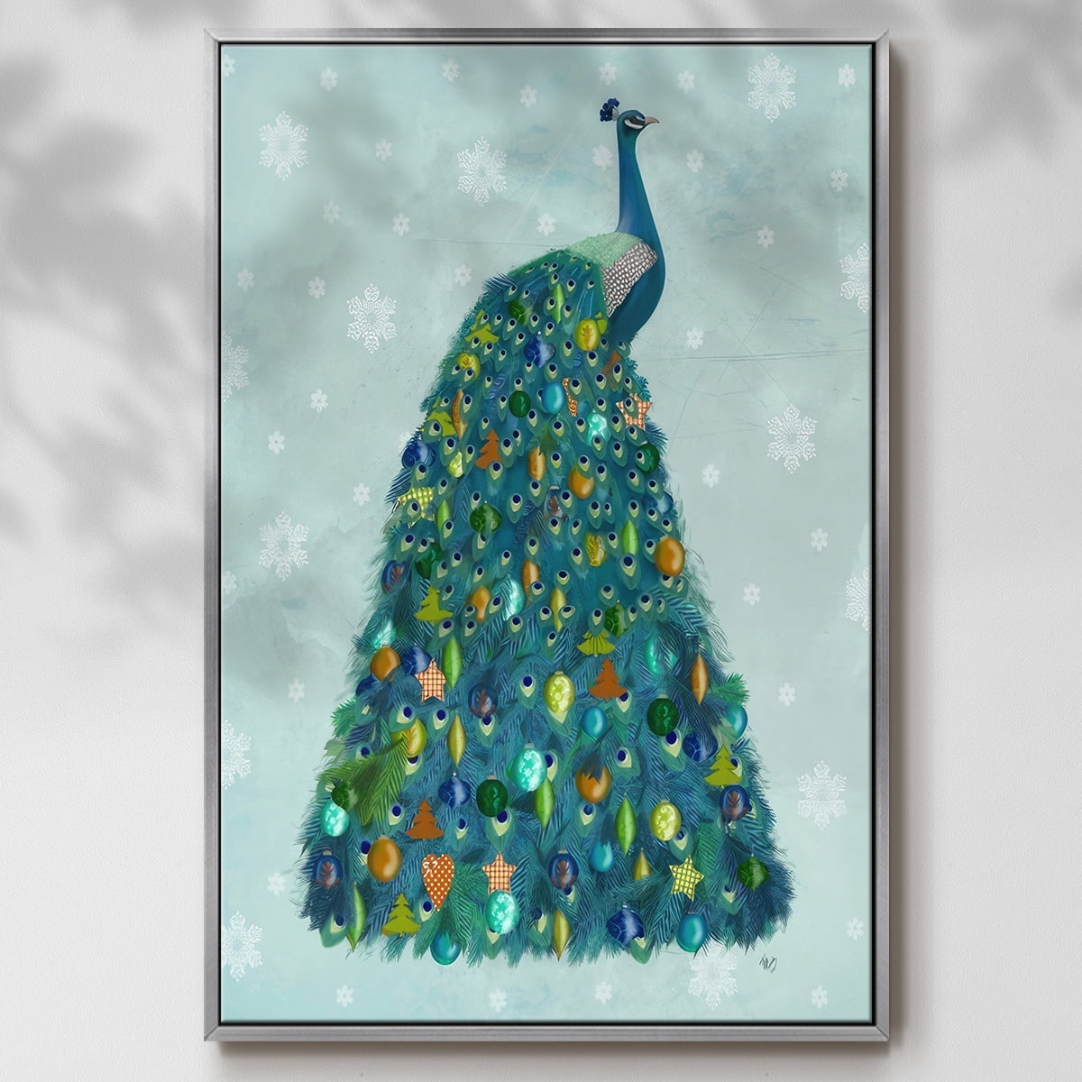 Christmas Peacock Christmas Tree - Framed Gallery Wrapped Holiday Canvas - 17 x 25 - Silver Frame