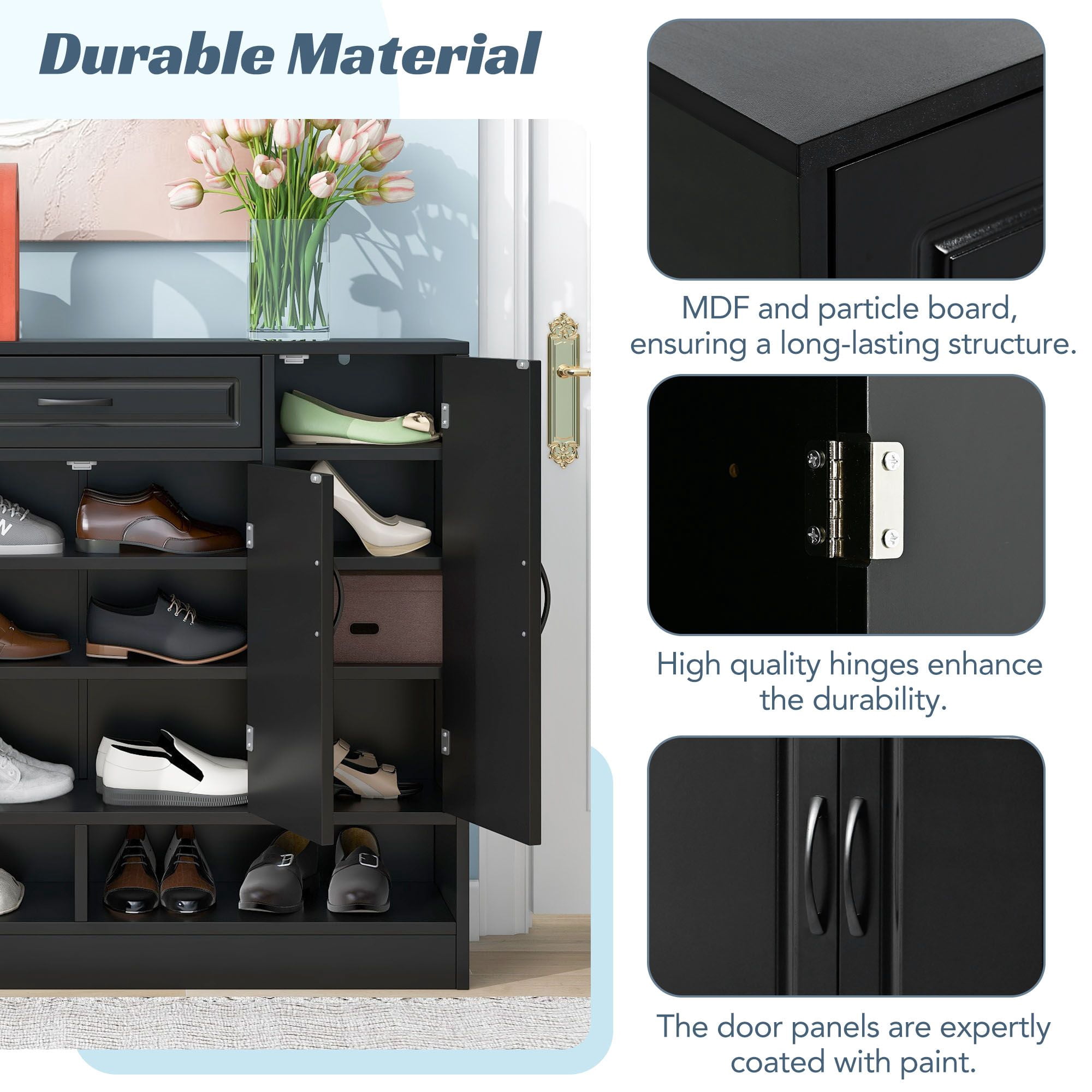 DEALTOPS Modern Minimalist Shoe Cabinet with Ample Storage Space and Adjustable Shelves, Freestanding Wooden Shoe Rack for Entryway - Black