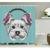 Yorkie Shower Curtain, Dog with Headphones Music Listening Yorkshire Terrier Hand Drawn Caricature, Fabric Bathroom Set with Hooks, 69W X 75L Inches Long, Pale Blue White, by Ambesonne