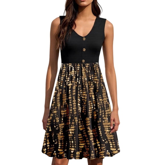 JIRNDf Robes d'Été Femmes Tendance 2025 Décontracté Élégant Sans Manches Fluide Évasée Midi Ample Plage Vacances Robes d'Été pour Femmes Robe Bohème Or S