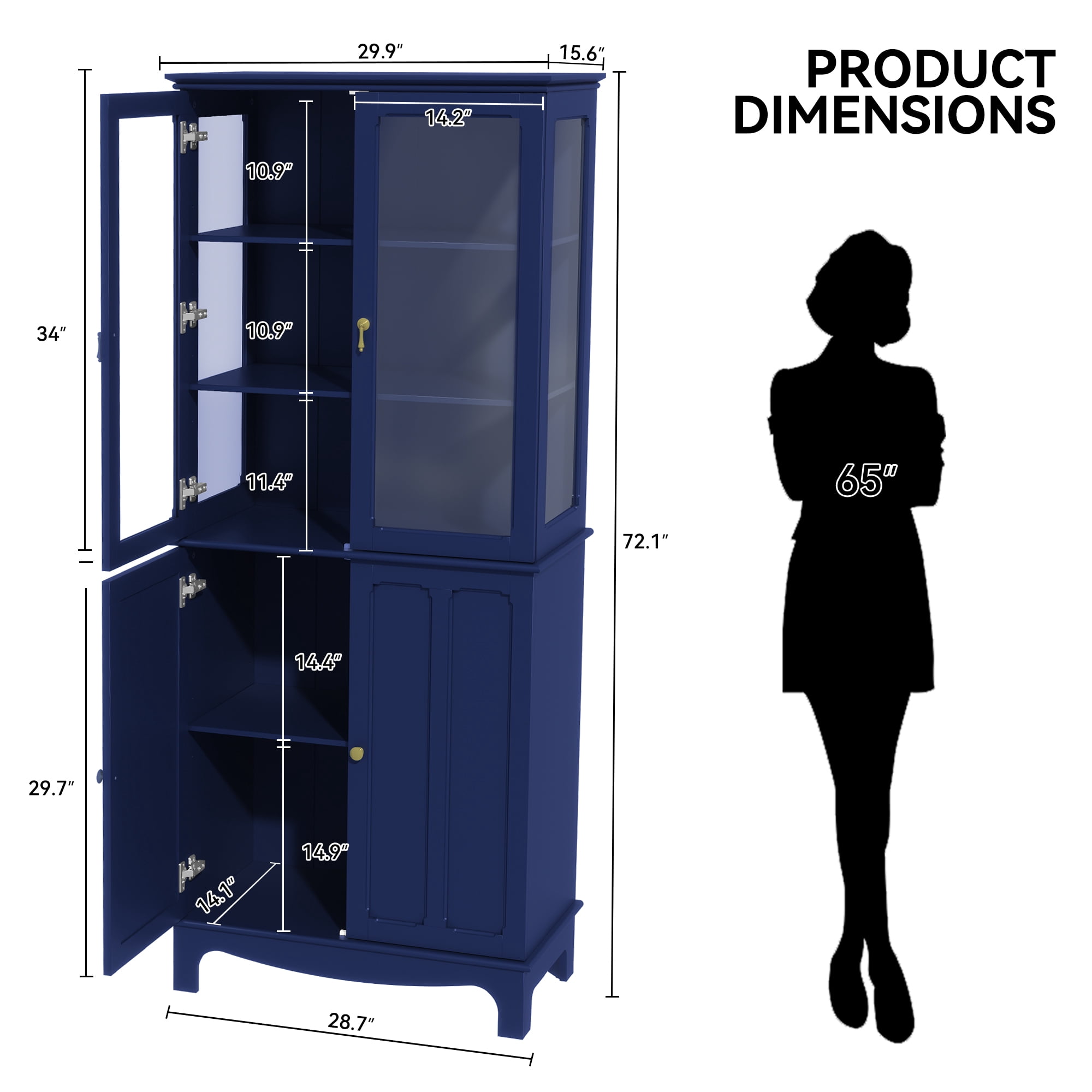 HLR 72 " Freestanding Kitchen Pantry Storage Sideboard,Glass Display Cabinet with Doors, Navy Blue