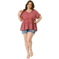 thumbnail image 3 of DARING DIVA Women's Plus V Neck Short Sleeve Floral Babydoll Blouse 2X Red Green, 3 of 6