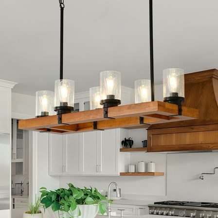Rustic Farmhouse Chandelier with Seeded Glass - Adjustable 6-Light Wood & Hemp Pendant for Kitchen Island & Dining Room
