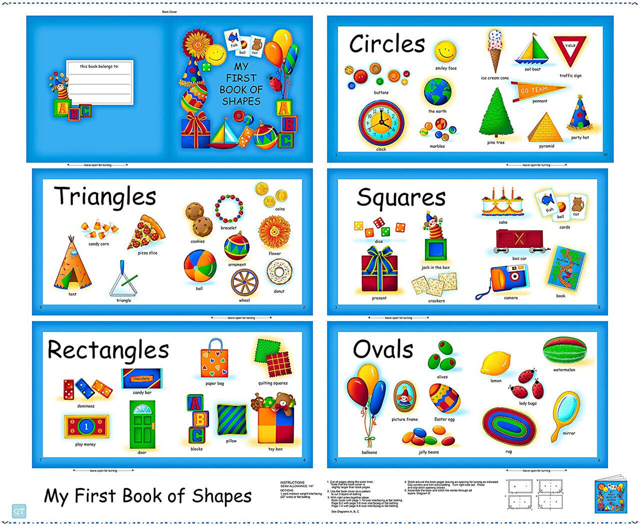 36" X 44" Panel Cotton My First Book of Shapes Fabric Book Instructions White Fabric Panel (1649-26312-X) by Quilting Treasures