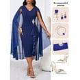 thumbnail image 3 of Navy Blue Elegant Cape Midi Dress With Ruffle Detail And Rhinestone Belt For Formal Evening Wear, 3 of 7