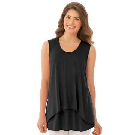 Women's Double Tier Layered Sleeveless Tank Top, Figure Flattering and Loose Fit, Large, Black - Made in the