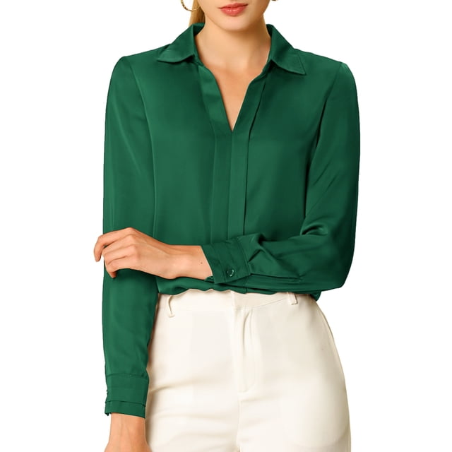 INSPIRE CHIC Women's Elegant Solid V Neck Smooth Satin Long Sleeve Blouse