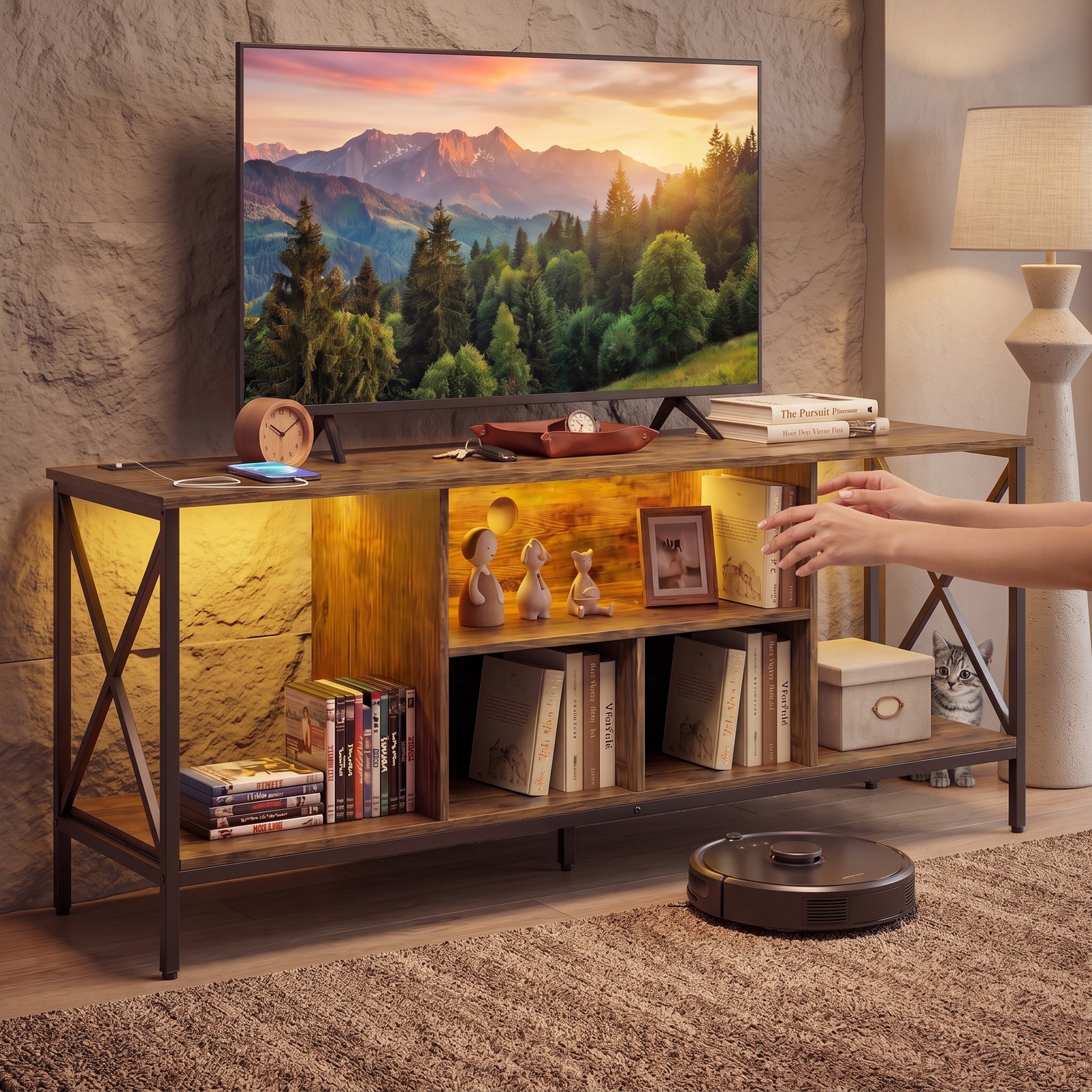 Furnibear LED TV Stand for 65 Inch TV, Entertainment Center with Power Outlets and USB Charging Station, Modern Media Console with 5 Open Shelves and, Rustic Brown