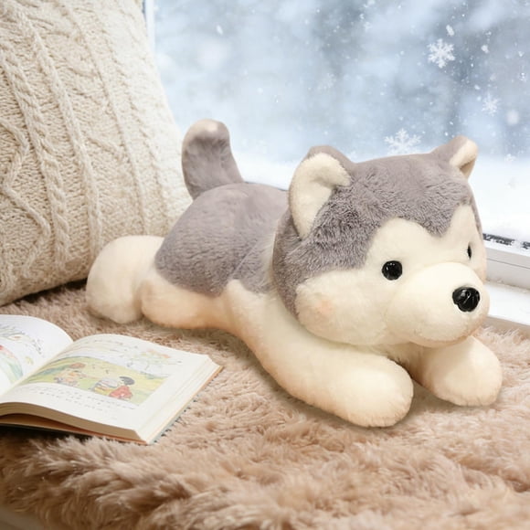 Ohmyroo 11.8 Inch Husky Plush Pillow Soft Prone Posture Dog Figure for Lumbar Support and Bed Decor