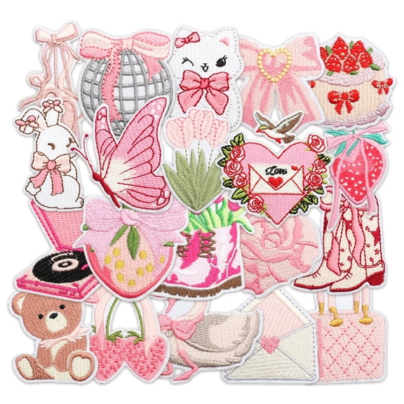 Iron on Patches, 20 Pcs Pink Embroidered Patches for Women, Cute Applique Patches for Clothing