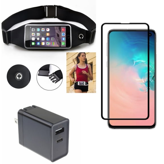 Galaxy S10e Quick Home Charger w Running Waist Bag w Screen Protector - 30W 2-Port USB Type-C PD, Belt Band Sports Gym Workout, Tempered Glass 5D Curved Edge for Samsung Galaxy S10e Phone