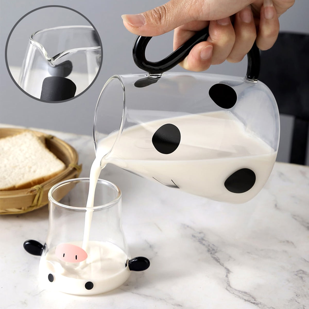 Pluokvzr Cow Glass Water Pitcher with Glass Cup 500ml Vshaped Spout