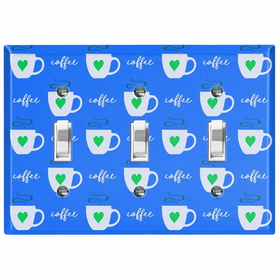 Metal Light Switch Wall Plate Outlet Cover (Coffee Espresso Mocha Cup Green Heart Blue - Triple Toggle)