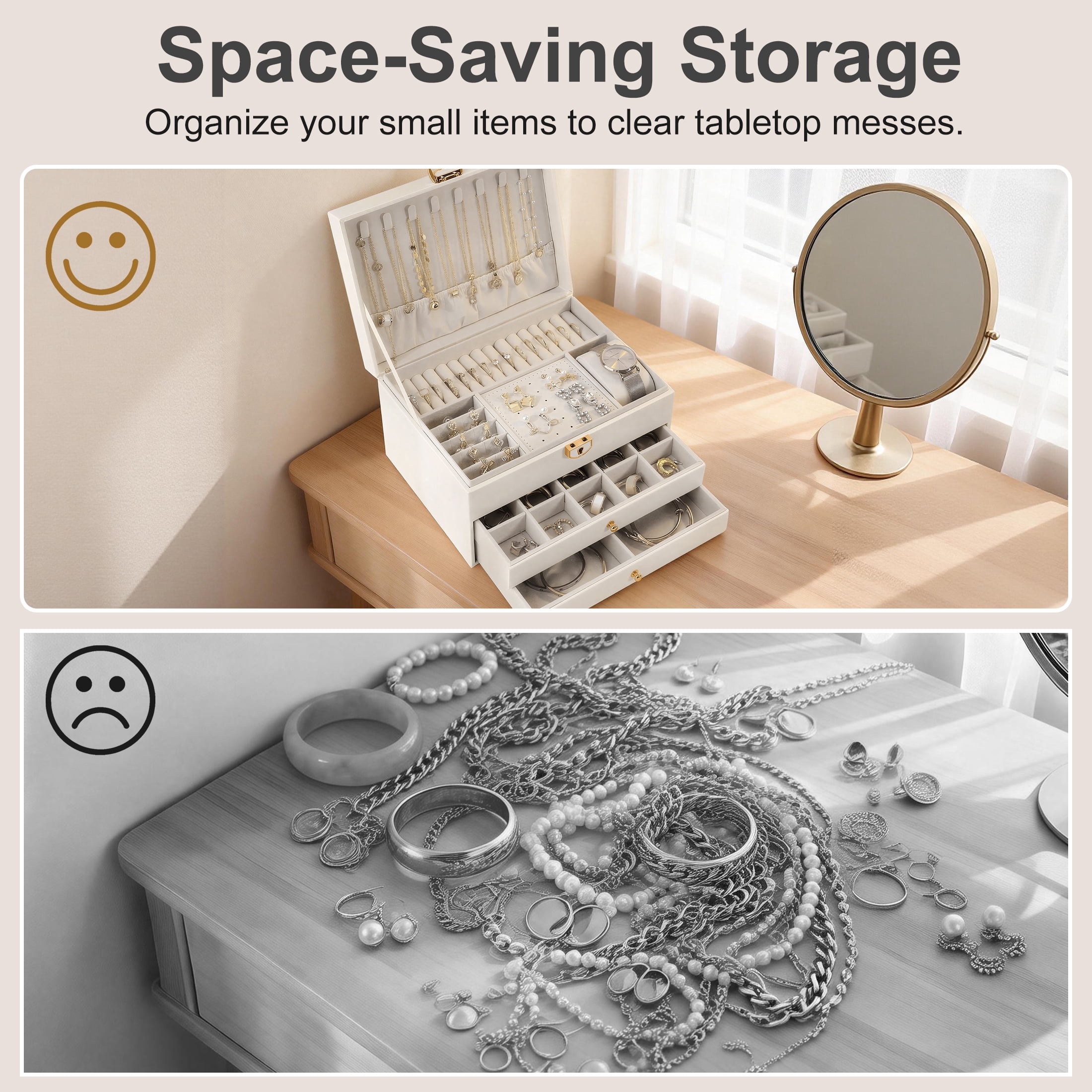 Jewelry Box Organizer for Women Girls, PU Leather Jewelry Organizer Storage, 2 Layers Jewellery Case Holder for Earrings Bracelets Rings Watches, White