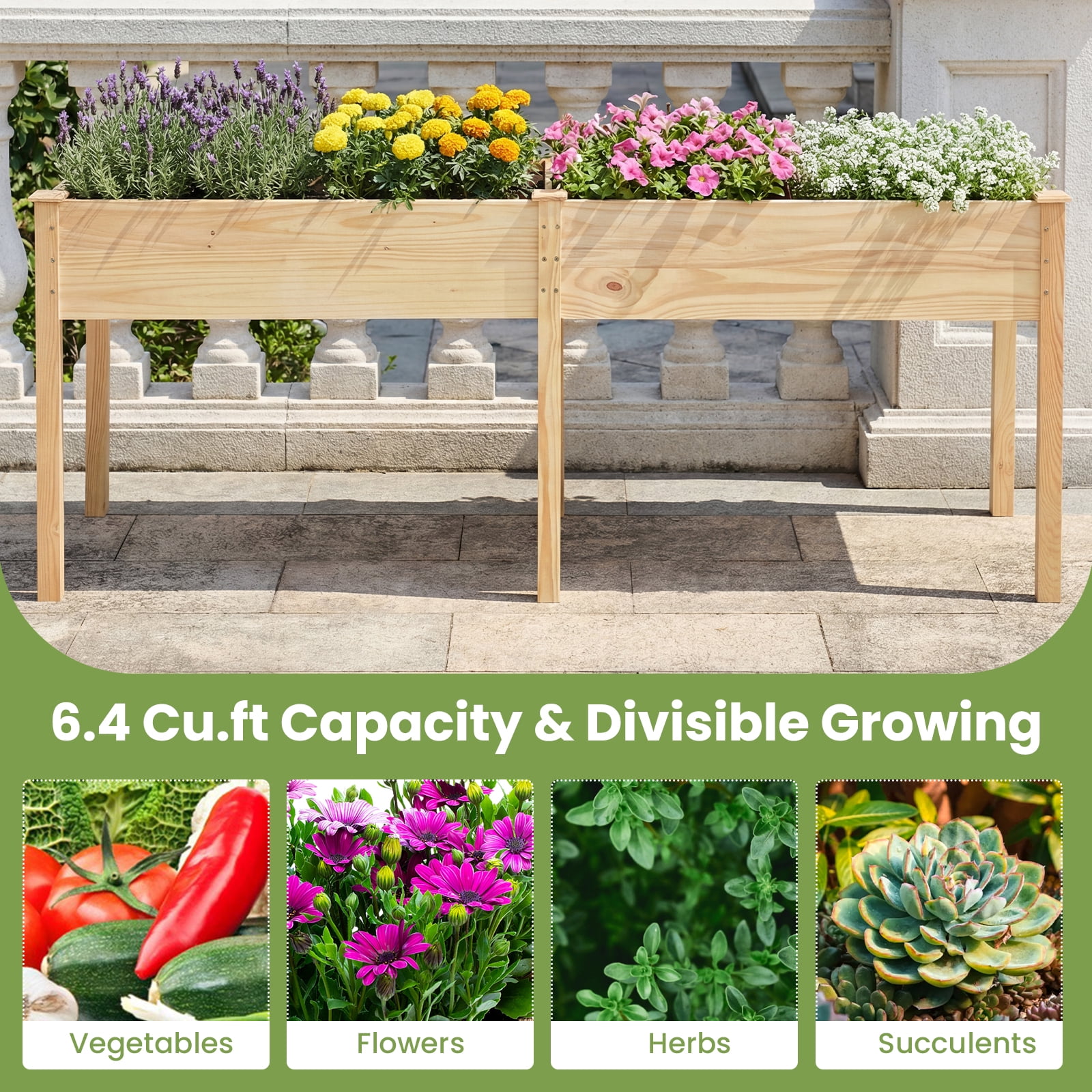 Costway Raised Garden Bed Elevated Pine Wood Planter Box with 2 Large Planting Areas Beige