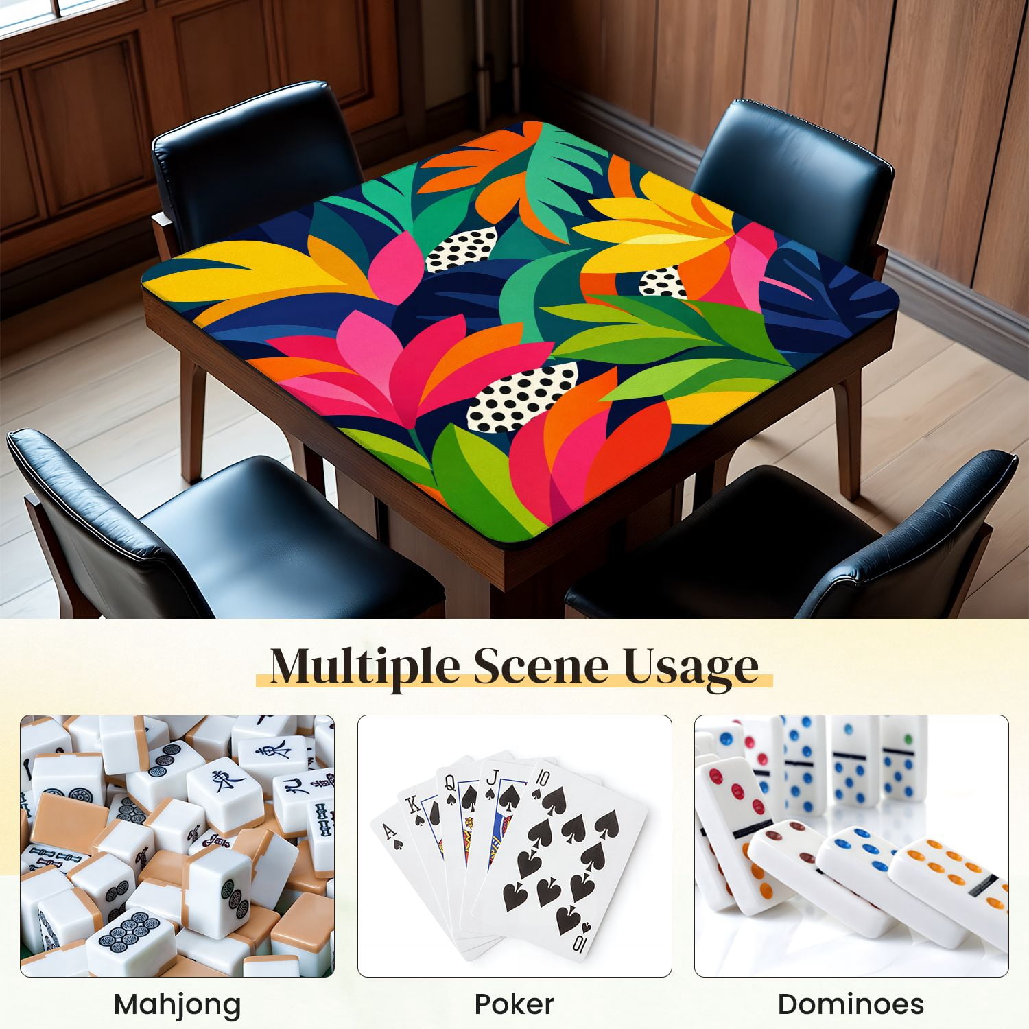 Mahjong Mat 31.5" x 31.5" Vibrant Tropical Leaves Bold Colorful Foliage Abstract Polka Dot Non-Slip Noise Reduction Mahjong Tiles Table Cover for Dominoes Poker Card Board and Tile Games