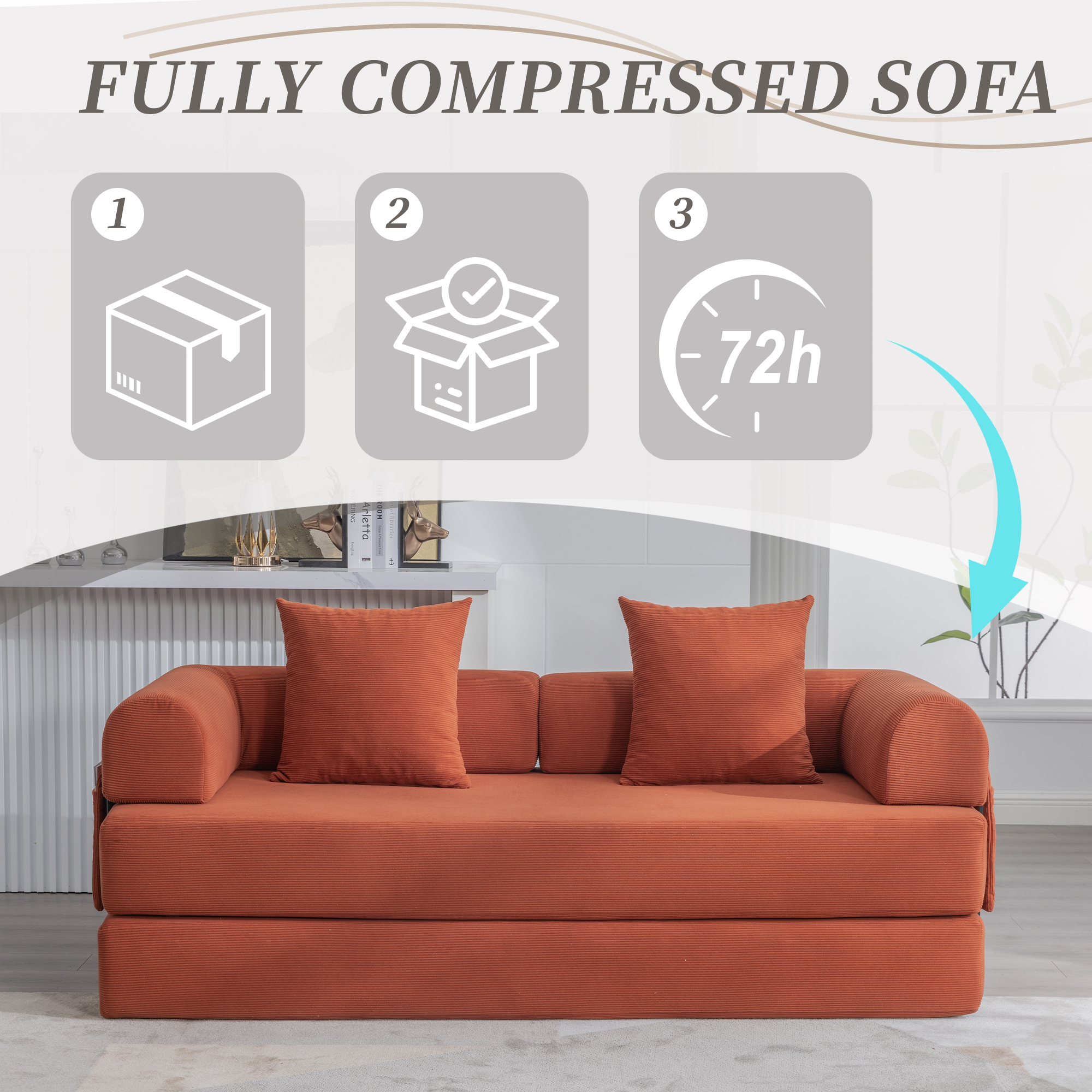 MOONMISS Corduroy Upholstered Modern Comfort Foldable Compressible Sofa Bed with Sturdy Metal Frame-Orange
