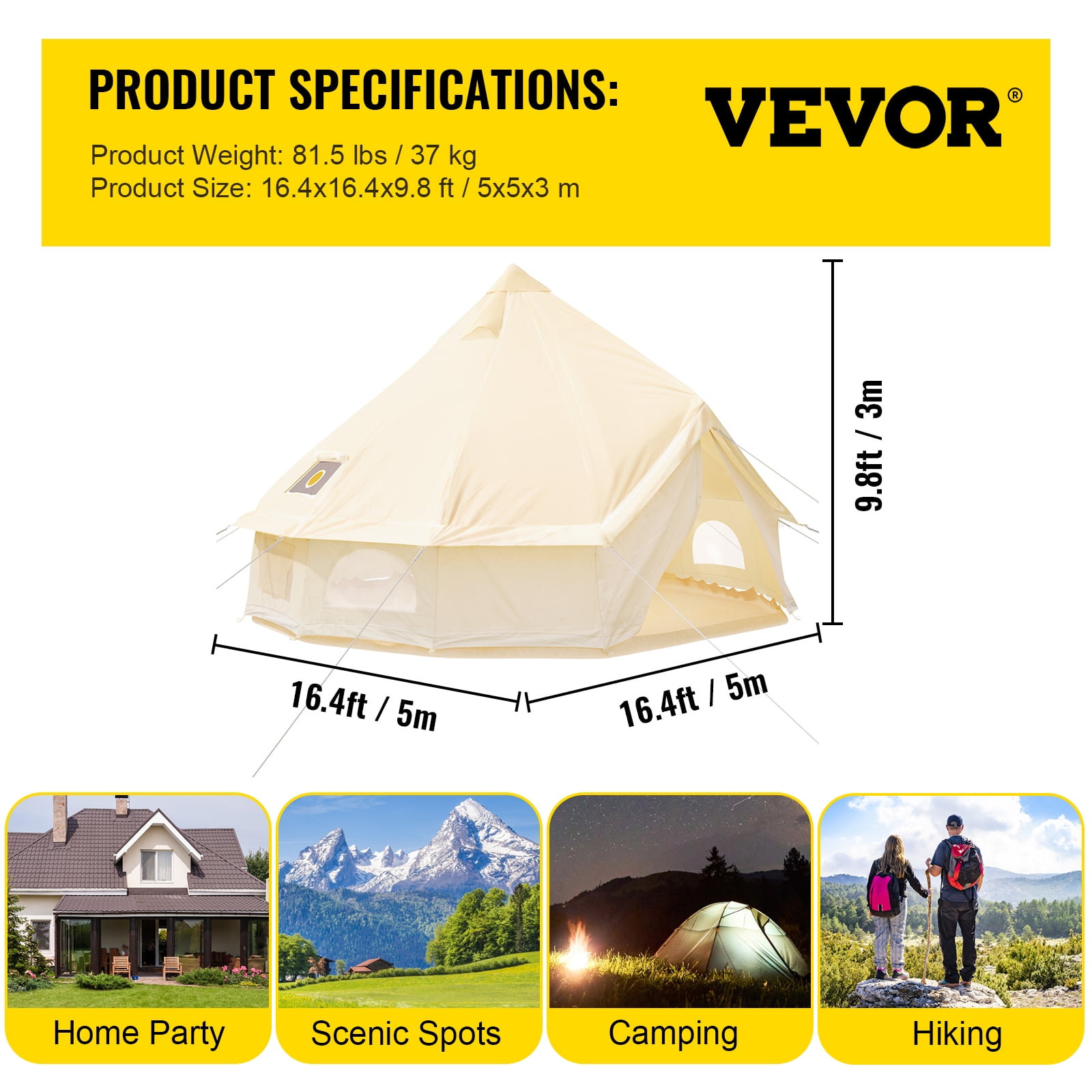 VEVORbrand Canvas Bell Tent 16.4ft Cotton Canvas Tent with Wall Stove  Jacket Glamping Tent Waterproof Bell Tent for Family Camping Outdoor  Hunting in 4 Seasons - Walmart.com