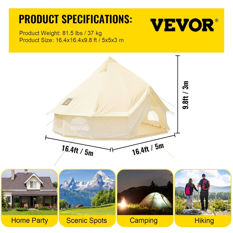VEVORbrand Canvas Bell Tent 16.4ft Cotton Canvas Tent with Wall Stove Jacket Glamping Tent Waterproof Bell Tent for Family Camping Outdoor Hunting in