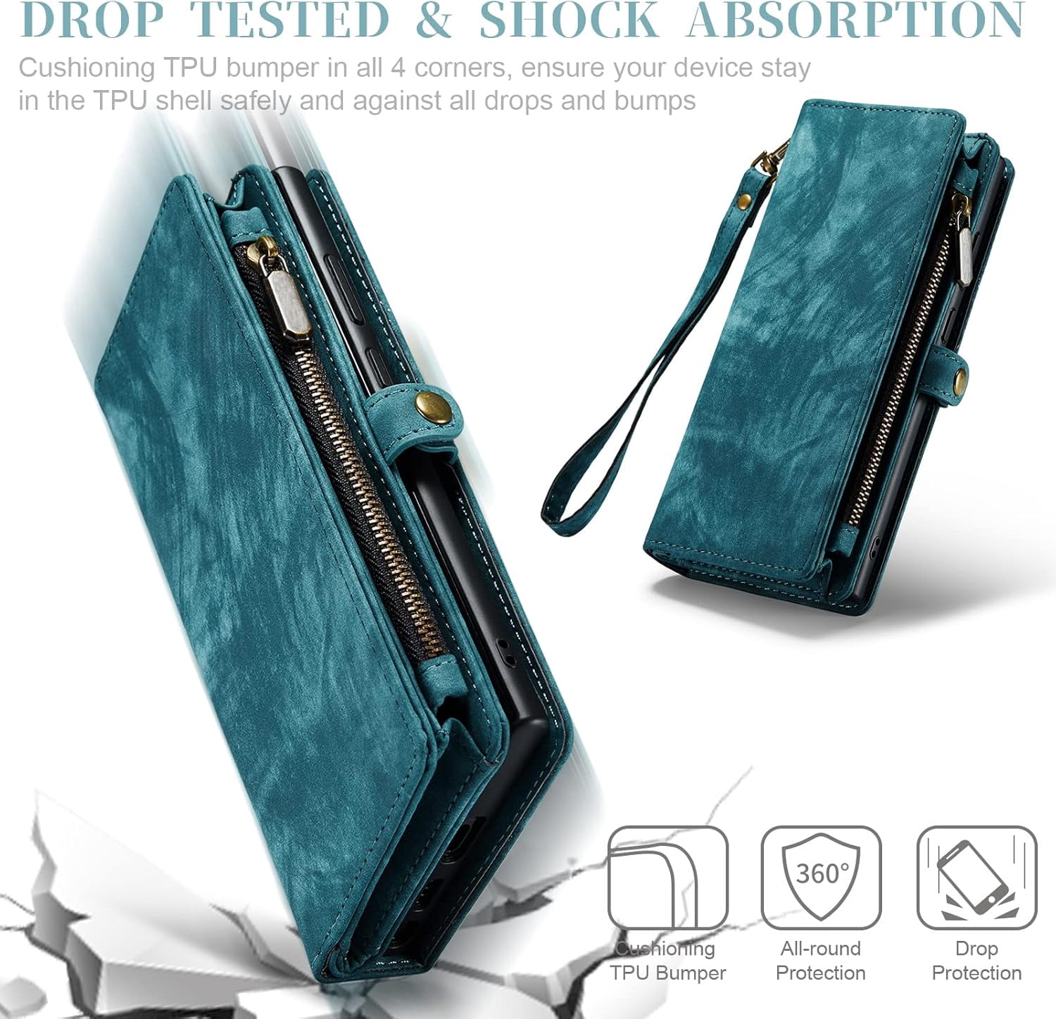 Phone Case for Samsung Galaxy S23 Ultra 5G Zipper Wallet Detachable Cover with Leather Flip Credit Cash Card Holder Mobile Cell Accessories S23Ultra 23S S 23 23Ultra 6.8 inch Women Men Blue