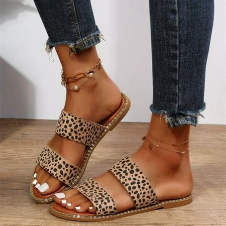 

Cathalem Bass Sandals for Women Leather Ladies Fashion Summer Leopard Print Broadband Casual Flat Sandals Women Size 8 Wide Brown 8.5