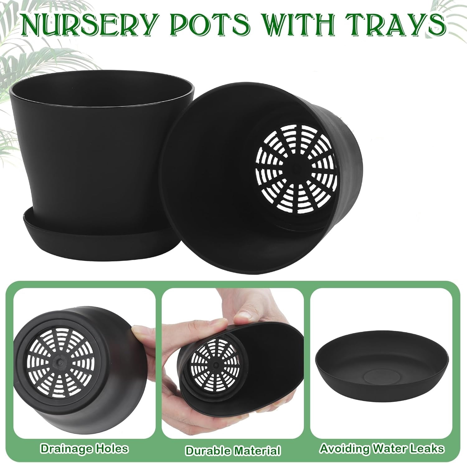 GIXUSIL Modern Matte Black Plant Pots (8-Pack, 4.8 Inch) with Drainage Holes & Trays, Plastic Planter Set for Windowsill, Desk, Kitchen Herb Garden, Succulents- Lightweight & Durable