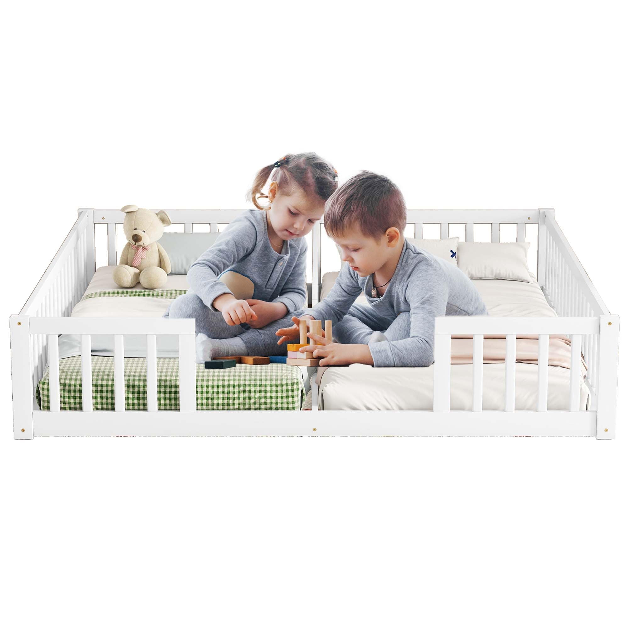 Twin Floor Bed for 2, Montessori Bed Frame with Fence, Wooden Double Floor Bed with Guardrails for Two Boys Girls, Box Spring Needed, White