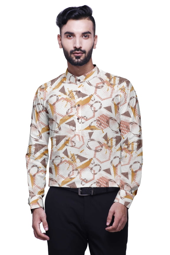 Mandarin Collar Shirt Printed Mens Short Kurta Casual Ethnic Dress
