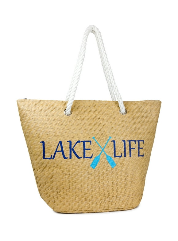 Women's Paper Straw Verbiage Beach Tote-Lake Life