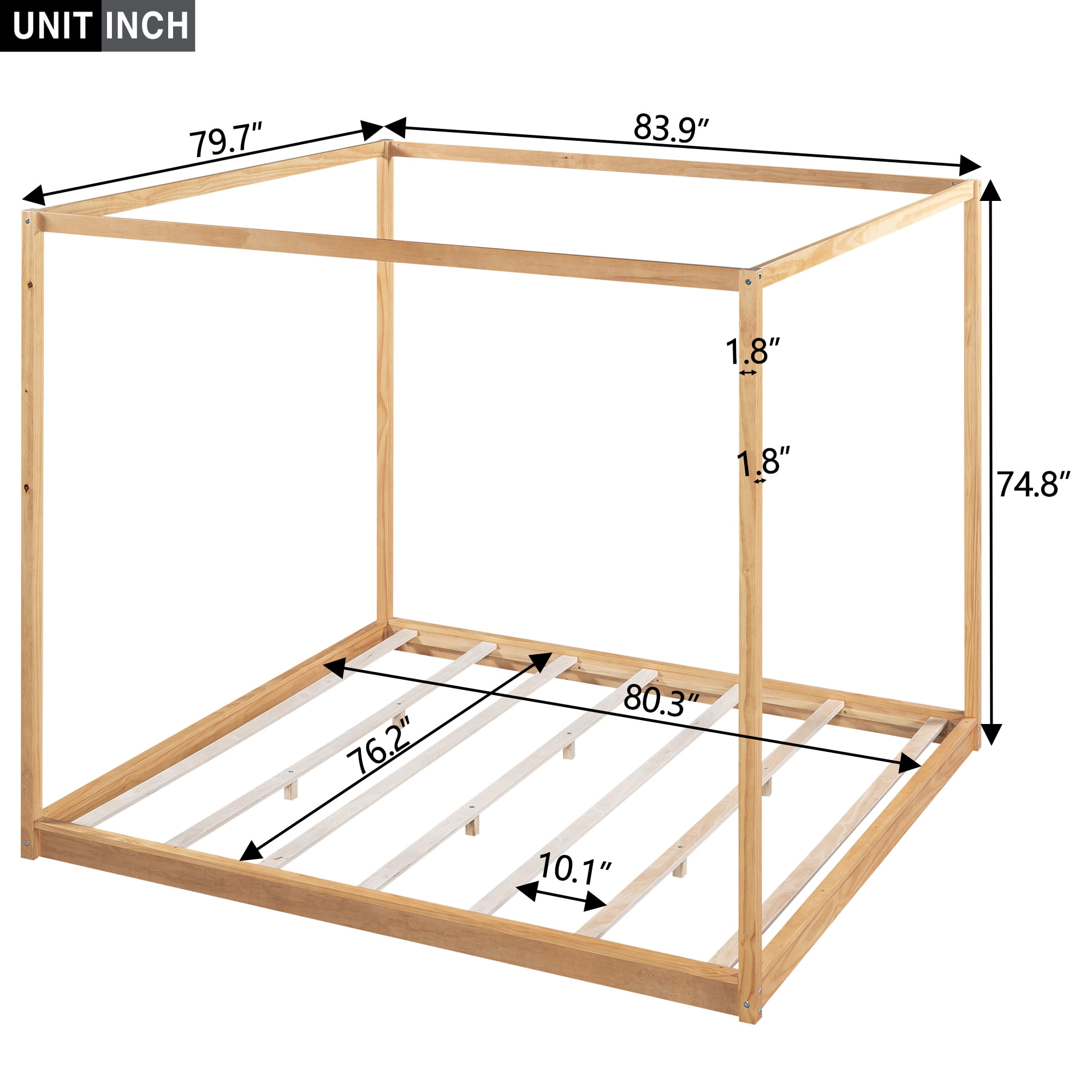 Harper & Bright Designs King Size Canopy Floor Platform Bed, Solid Wood 4 Post Canopy Bed Frame for Boys Girls Adult, Natural