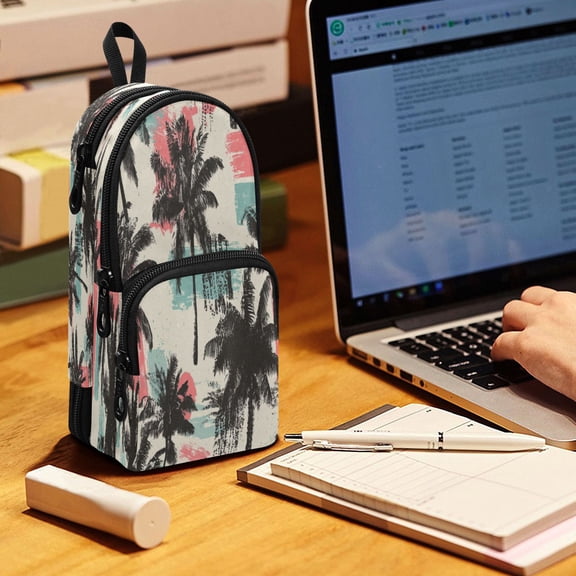 Backpack Pencil Case, 3 Compartment Large Capacity Oxford Fabric Pencil Pouch / Distressed Palm Pattern