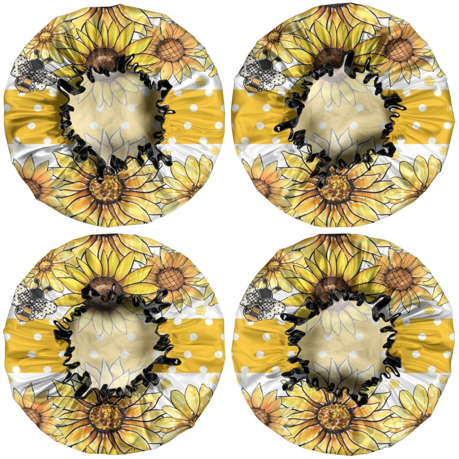 Shower Caps,Yellow Dot Sunflower Bee Pattern Waterproof Shower Cap for Women 4 Pieces,Double Reusable Hair Cover for Shower PEVA Elastic Stretch Hem