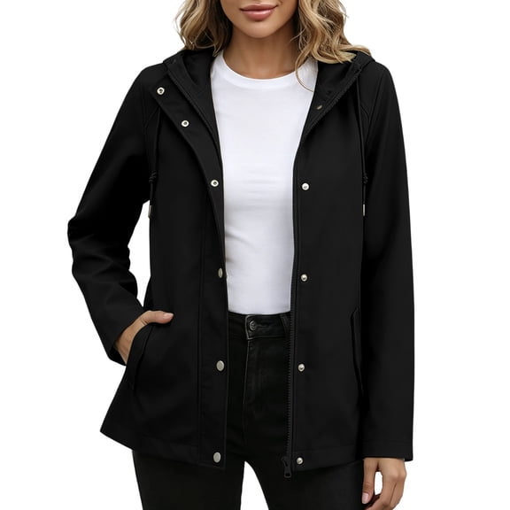 QINGFSAP Womens Weatherproof Hooded Jacket Snap Button and Zipper Closure Water Repellent Windbreaker Coat Outdoor Casual