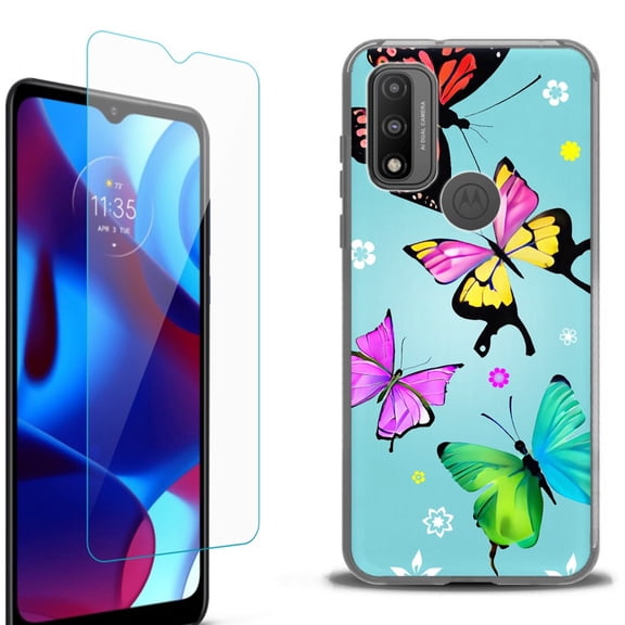 Slim-Fit Fashion Phone Case for Motorola Moto G Pure, with Tempered Glass Screen Protector, by OneToughShield ® - Butterfly