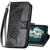 for iPhone 13 Case Wallet for Women,Flip Folio Cover with Butterfly Embossed PU Leather Kickstand Credit Card Holder Slots Magnetic Wrist Strap Protective Phone Case for iPhone 13 (Black)