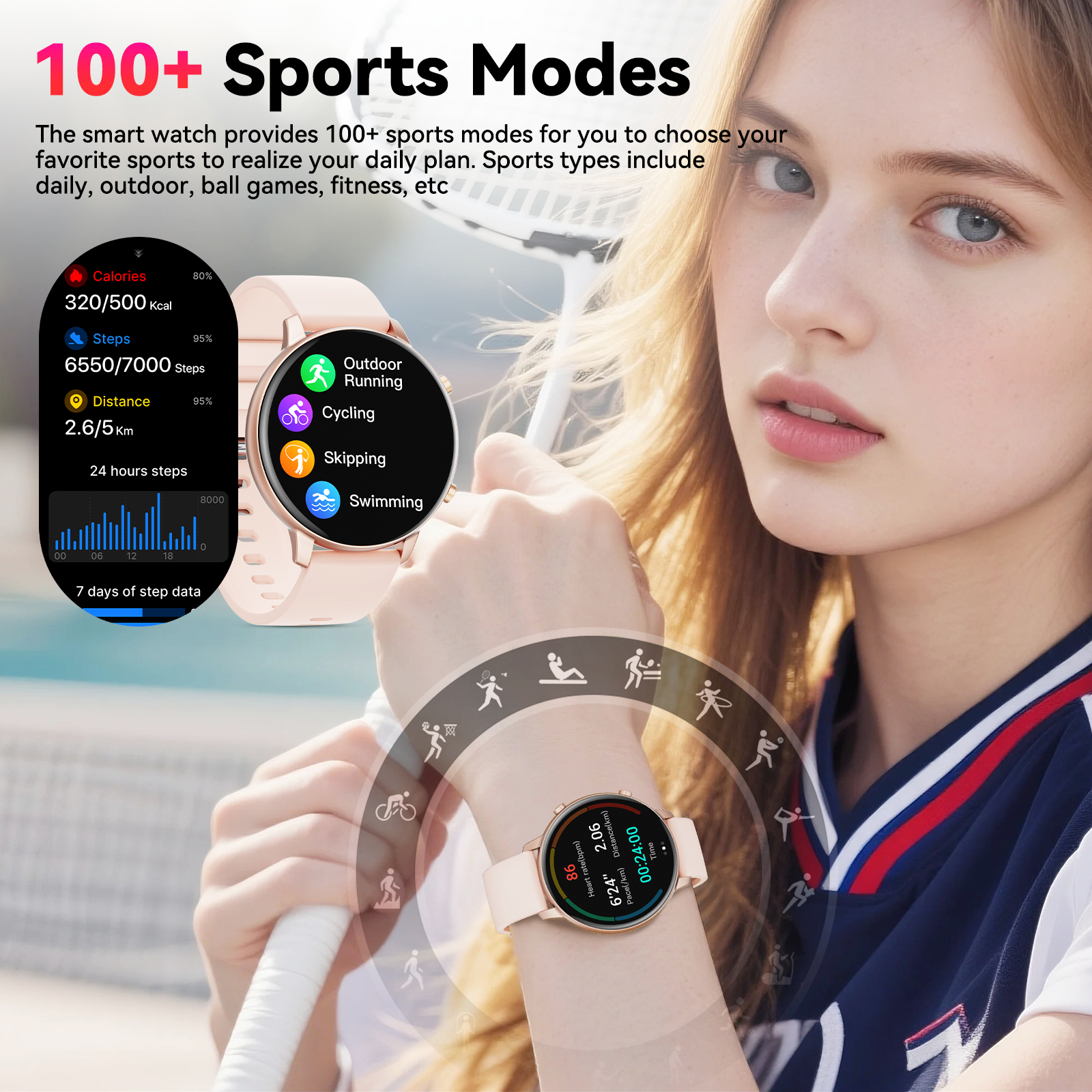 Joautrial 1.39" Smart Watch for Women, Gold & Pink photo 4