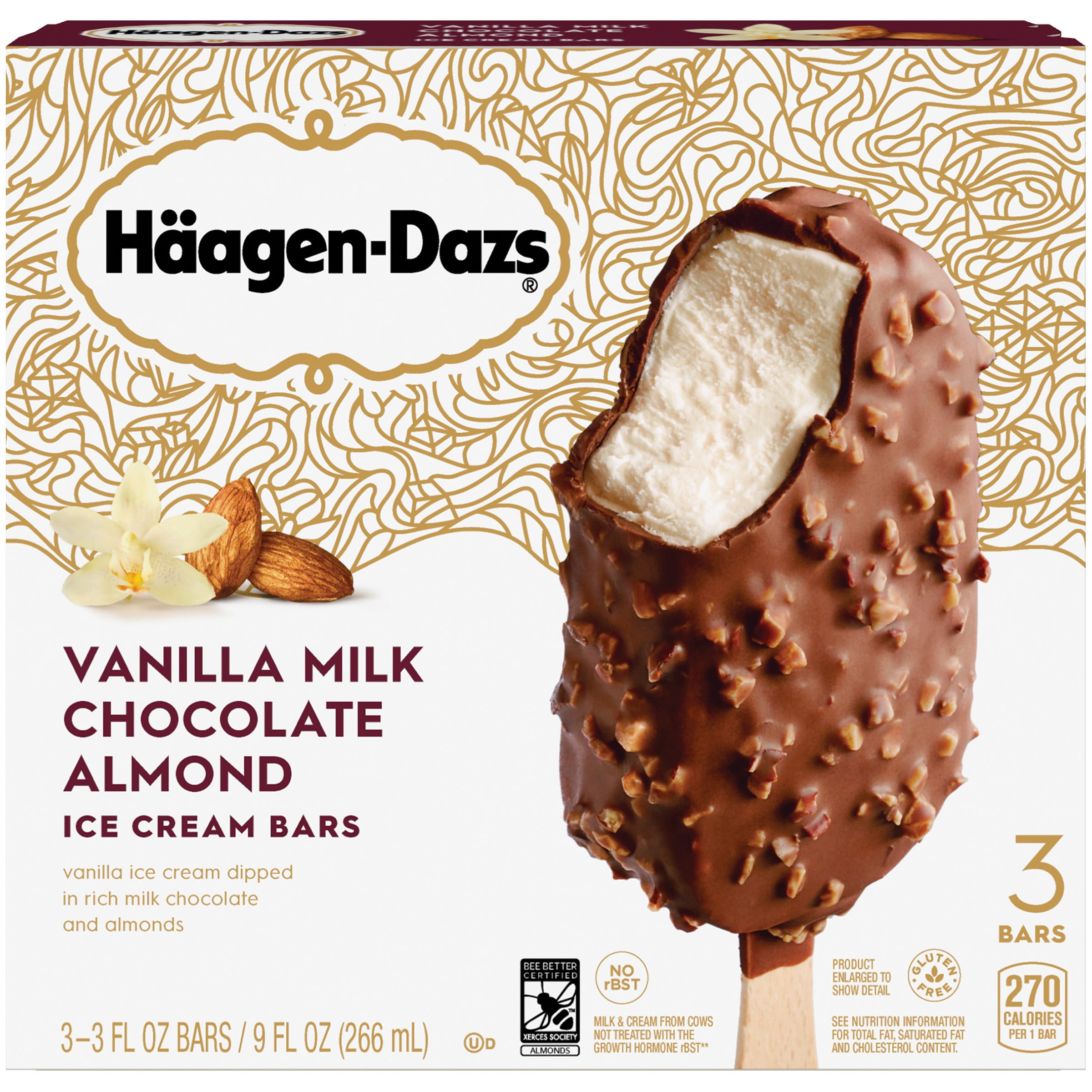 HAAGENDAZS Ice Cream Bars, Vanilla Milk Chocolate Almond Bar, 3 Ct. No GMO Ingredients No