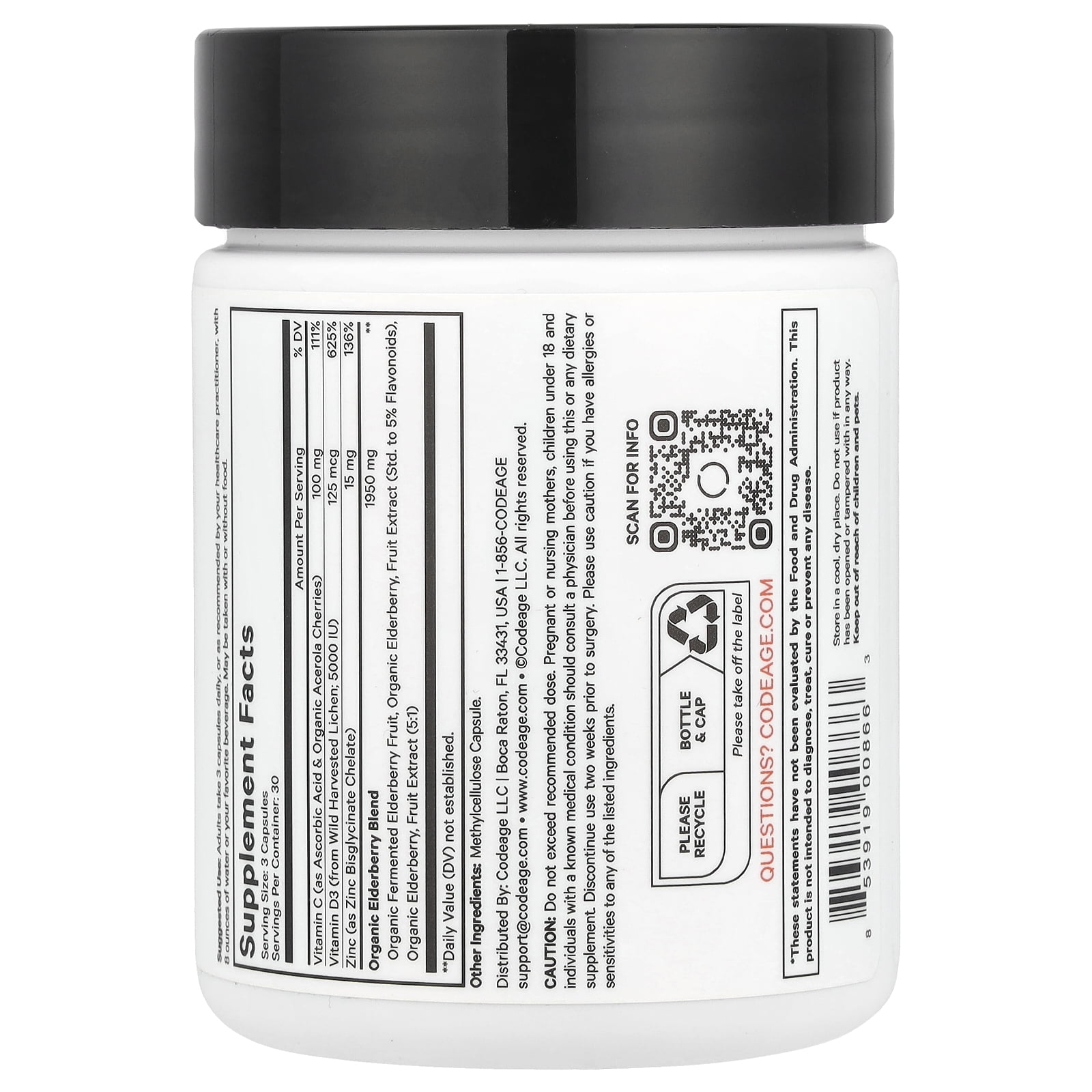 Codeage Organic Black Elderberry Blend, Vitamin C, Vegan D3 5000 IU, Zinc, Sambucus Berries Flavonoid, 90 ct