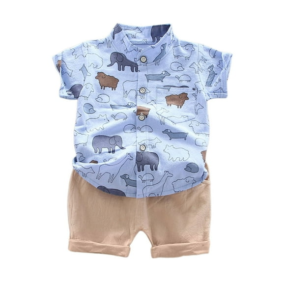 Hienoo Toddler Boys Outfits Cartoon Animal Print Short Sleeve Button Up Shirt Shorts Set